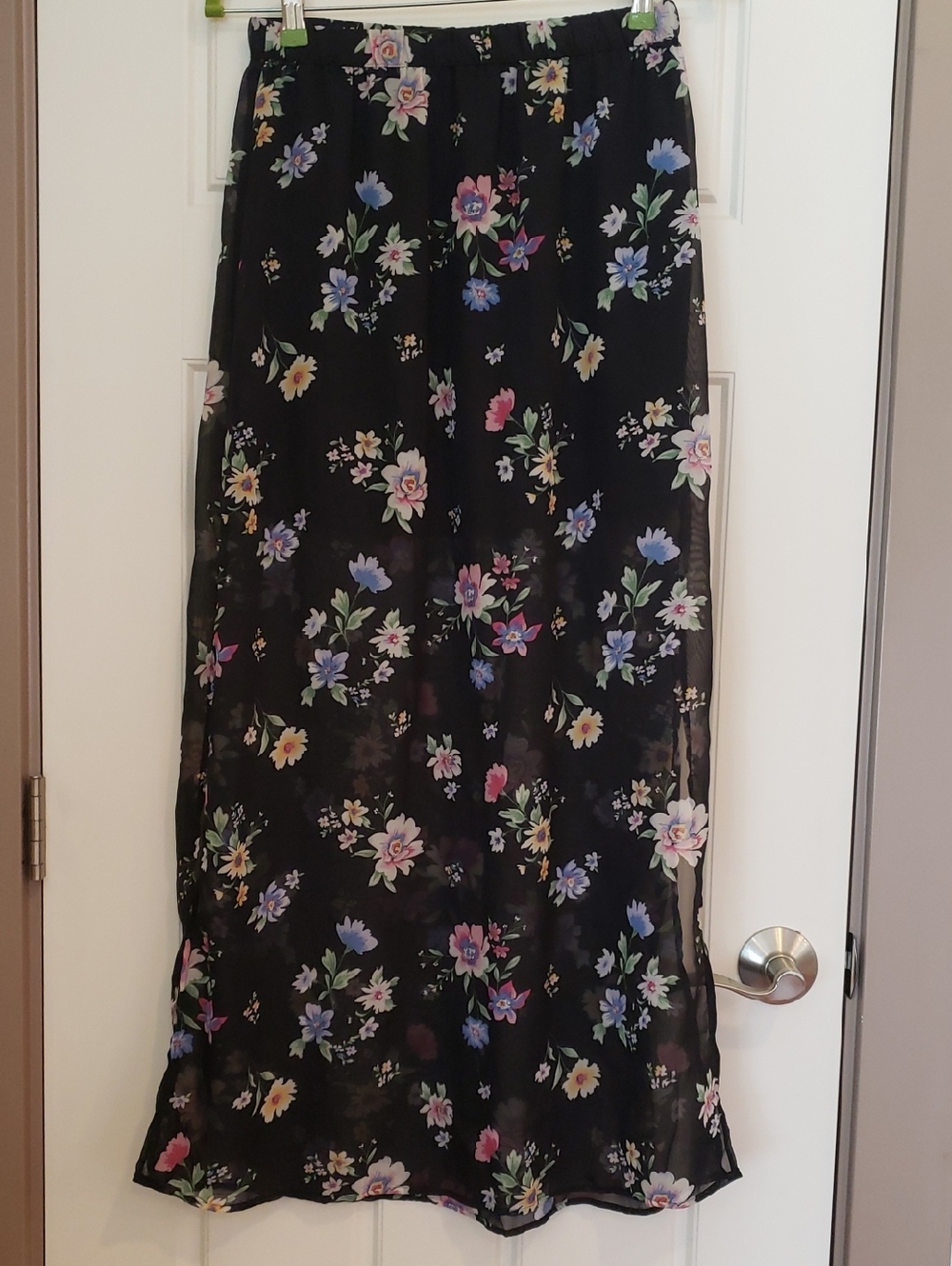 Divided Maxi Split Skirt Women's Small.  Sheer black floral